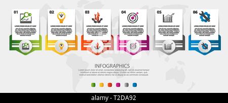 Moderne Vector Illustration. Infografik Vorlage mit sixelements, Kreise und Text. Schritt für Schritt. Für Business, Präsentationen, Web Design Stock Vektor
