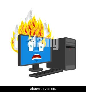 Computer Feuer isoliert. brennen Computer Cartoon Stil. Data Processor in Panik Vektor Stock Vektor