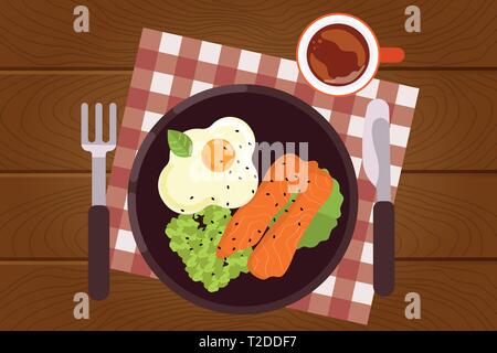 Satz von Frühstück essen auf Holz- oberfläche Hintergrund im flachen Design Stil. Zeit für das Frühstück. Vector Illustration. Stock Vektor