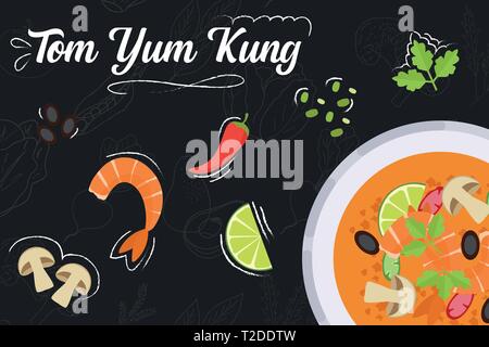 Tom Yum Kung Rezept. Kochen Suppe mit Zutaten. Flat Style Abbildung. Vector Illustration. Stock Vektor