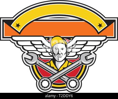 Symbol Retro Stil Abbildung einer Mannschaft Leiter oder fluggerätmechaniker mit gekreuzten Schlüssel oder Schraubenschlüssel und Aviator oder Armee Flügel set innerhalb des Kreises mit dem Verbot Stock Vektor