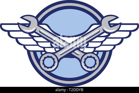 Symbol Retro Stil Abbildung eines gekreuzten Schlüssel oder Schraubenschlüssel und Luftwaffe, Aviator oder Armee Flügel set innerhalb des Kreises auf isolierten Hintergrund. Stock Vektor