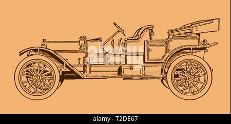 Klassischer vierpassagiger Roadster-Wagen in Seitenansicht. Illustration nach einer Lithographie oder Gravur, Anfang des 20. Jahrhunderts. In Ebenen bearbeitbar Stock Vektor