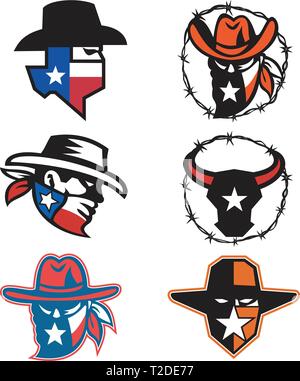 Maskottchen Symbol Abbildung: Leiter einer texanischen Outlaw oder Bandit und ein Texas Longhorn Stier auf isolierten Hintergrund im Retro Style. Stock Vektor