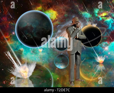 Planetengetriebe Armageddon. Massive Meteorit - Asteroid dusche Planeten zerstören. Kalkulierender Geschäftsmann. 3D-Rendering Stockfoto