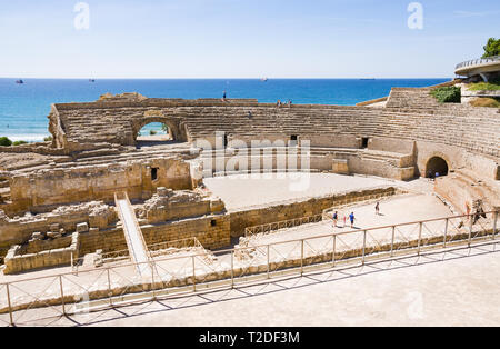 Blick auf das römische Amphitheater in Tarragona, Spanien Stockfoto