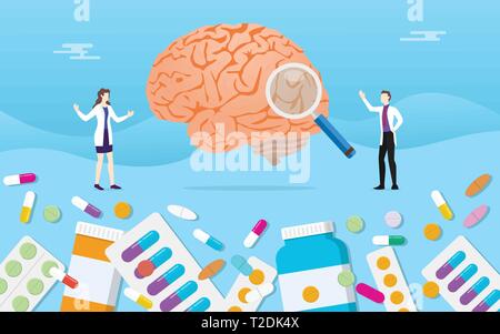 Menschliche Gehirn Medizin Gesundheit pillen Medikament Kapsel Behandlung mit Arzt Analyse-Vektor Stock Vektor