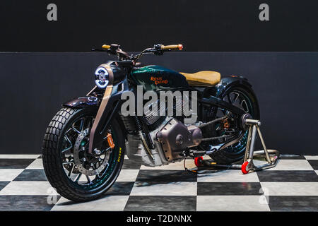 Bangkok, Thailand - 31. März 2019: Die Royal Enfield KX Konzept Motorrad zeigte in BANGKOK INTERNATIONAL MOTOR SHOW 2019. Stockfoto