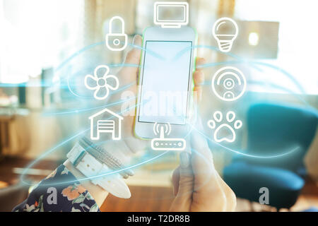 Nahaufnahme auf Smartphone mit leerer Bildschirm in der Hand der modernen Frau zu Hause. Stockfoto
