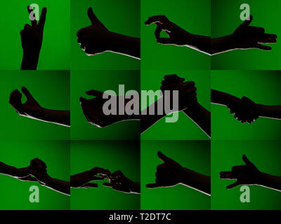 Ein Satz von Zeichen auf die Finger der Hände, die Silhouetten auf einem isolierten grünen Hintergrund 2019 dargestellt Stockfoto