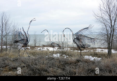 Metall Skulptur, Tanzen Sand Hill Krane, von Jim Dehne auf öffentliche Anzeige von Mariners Trail am Lake Michigan an zwei Flüssen, Wisconsin. Stockfoto