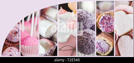 Collage aus Fotos, mit pastellfarbenen Cupcakes und Baiser, leeren Raum für Text in der Ecke Stockfoto