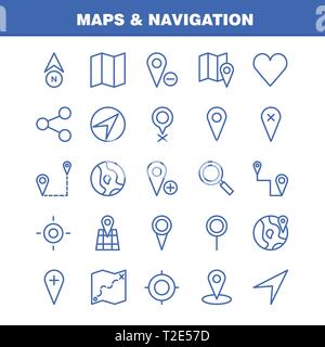 Karten und Navigation Symbol Leitung Pack für Designer und Entwickler. Symbole Löschen von GPS, Karte, Karten, Navigation, Kompass, GPS, Position, Vektor Stock Vektor