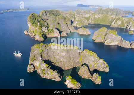 Die Vogelperspektive zeigt gesunde Riffe Umgebung remote Kalkstein Inseln in Raja Ampat. Dieses Gebiet ist für seine unglaubliche Artenvielfalt des Meeres bekannt. Stockfoto