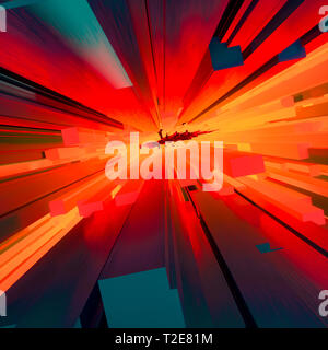 Feurige Explosion oder blast Konzept mit rechteckigen dunkelblauen Stangen auf eine helle Flamme Orange strahlende Hintergrund im quadratischen Format. Licht fließen en Stockfoto