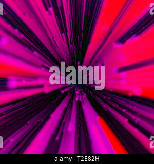 Feurige Explosion oder blast Konzept mit rechteckigen dunklen lila Stangen auf eine helle Flamme farbige Magenta strahlenden Hintergrund im quadratischen Format. Licht Flow Stockfoto