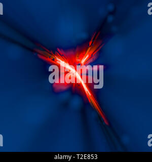 Feurige Explosion oder blast Konzept mit rechteckigen dunkelblauen Stangen auf eine helle Flamme Orange strahlende Hintergrund im quadratischen Format. Licht fließen en Stockfoto