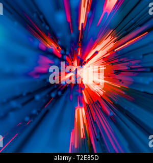 Feurige Explosion oder blast Konzept Design mit rechteckigen dunkelblauen Stangen auf eine helle Flamme Orange strahlende Hintergrund im quadratischen Format. Licht Stockfoto