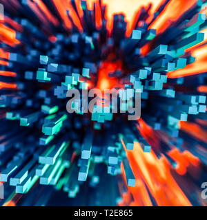 Feurige Explosion oder blast Konzept Design mit rechteckigen dunkelblauen Stangen auf eine helle Flamme Orange strahlende Hintergrund im quadratischen Format. Licht Stockfoto