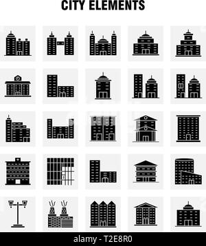 Stadt Elemente solide Glyphe Icons Set für Infografiken, Mobile UX/UI-Kit und Print Design. Gehören: Tower, Gebäude, Stadt, Büro, Gebäude, Turm, Ci Stock Vektor