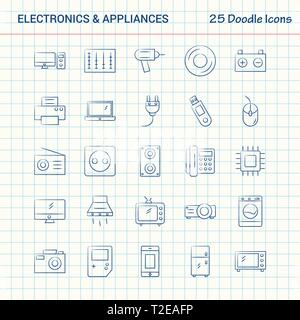 Elektronik und Geräte 25 Doodle Symbole. Hand gezeichnet Business Icon Set Stock Vektor