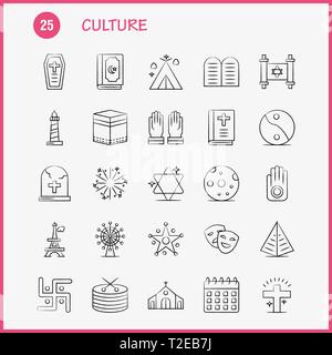 Kultur Hand gezeichneten Symbole für Infografiken, Mobile UX/UI-Kit und Print Design. Gehören: Trommel, Hand, Instrumente, Musik, Religion, Gebote, Fait Stock Vektor