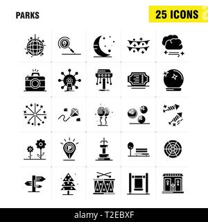 Parks solide Glyphe Icons Set für Infografiken, Mobile UX/UI-Kit und Print Design. Gehören: Schlagzeug, Instrumente, Musik, Karte, Lage, Park, Parkplatz, Worl Stock Vektor