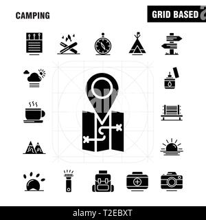 Camping solide Glyphe Icons Set für Infografiken, Mobile UX/UI-Kit und Print Design. Gehören: Wolken, Sonne, Wetter, Tee, Becher, Kaffee, Heiße, Box, Icon Set Stock Vektor