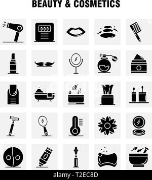 Beauty und Kosmetik solide Glyphe Icons Set für Infografiken, Mobile UX/UI-Kit und Print Design. Gehören: Beauty, Kosmetik, Lippenstift, Kosmetik, Mörtel, Stock Vektor