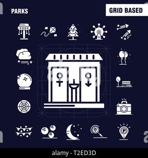 Parks solide Glyphe Icons Set für Infografiken, Mobile UX/UI-Kit und Print Design. Gehören: Schlagzeug, Instrumente, Musik, Karte, Lage, Park, Parkplatz, Worl Stock Vektor