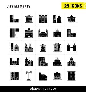 Stadt Elemente solide Glyphe Icons Set für Infografiken, Mobile UX/UI-Kit und Print Design. Gehören: Tower, Gebäude, Stadt, Büro, Gebäude, Turm, Ci Stock Vektor