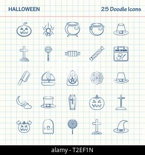 Halloween 25 Doodle Symbole. Hand gezeichnet Business Icon Set Stock Vektor