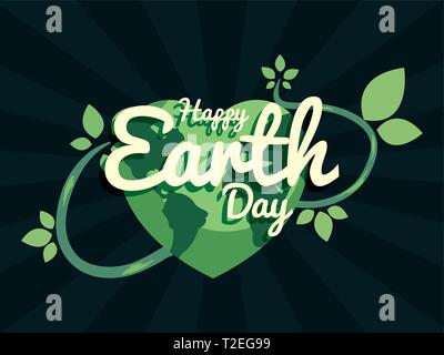 Welt geformt ein Herz Blätter glücklich Erde Schriftzug Vektor-Illustration Stock Vektor