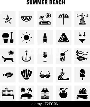 Strand feste Glyph Icon Pack für Designer und Entwickler. Symbole von Fisch, Meer, Sterne, Seesterne, Kokos, Frucht, Tropisch, Strand, Vektor Stock Vektor