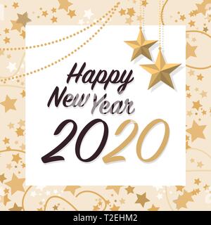 Frohes Neues Jahr 2020 mit den goldenen Sternen, social media Post und wünschen Karte Stock Vektor