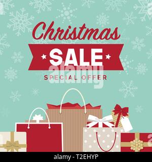 Weihnachten Verkauf Angebote und soziale Medien Post mit Geschenken und Einkaufstaschen Stock Vektor
