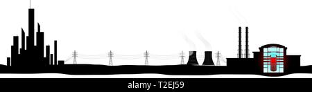 Schwarze Silhouette von Kernkraftwerken und Megalopolis. Erzeugung und Übertragung von Strom. Strahlung und der damit verbundenen Gefahr Stock Vektor