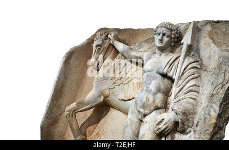 Nahaufnahme eines römischen Sebasteion Relief von Bellerophon Aphrodisias Museum, Aphrodisias, Türkei. Bellerophon war eine lykische Held und wurde c Stockfoto