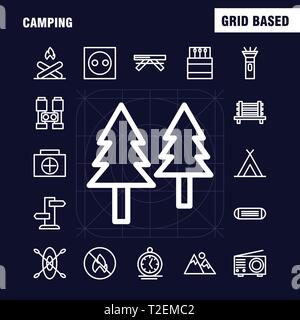 Camping Line Icon Pack für Designer und Entwickler. Ikonen der Sitzbank, Camping, Outdoor, Reise, Camping, Outdoor, Feuer, Vektor Stock Vektor