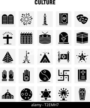 Kultur Feste Glyphe Icons Set für Infografiken, Mobile UX/UI-Kit und Print Design. Gehören: Trommel, Hand, Instrumente, Musik, Religion, Gebote, Fai Stock Vektor