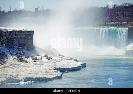 NIAGARA FALLS, NY-27 Mar 2019 - Ansicht von gefrorenem Eis und Schnee auf dem Niagara River, die Niagarafälle im März 2019. Stockfoto