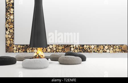 Geräumige weiß Wohnzimmer mit modernen Kamin, Lounge, 3D-Rendering Stockfoto