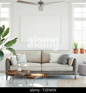 Mockup Plakat in hipster Wohnzimmer Innenraum, 3D-Rendering Stockfoto