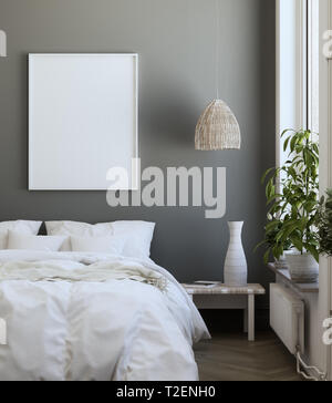 Mock-up Titelbild im Schlafzimmer, im skandinavischen Stil, 3D-Rendering Stockfoto