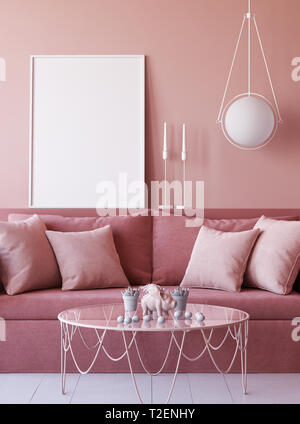 Mock up Poster Frame in Wohnzimmer innen Hintergrund, 3D-Rendering Stockfoto