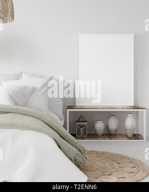 Mock-up Titelbild im Schlafzimmer, im skandinavischen Stil, 3D-Rendering Stockfoto