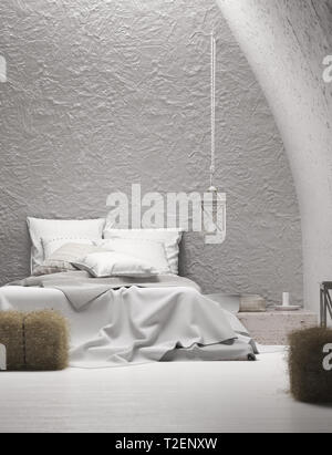 Schlafzimmer Innenraum, Scandi-Boho style, 3D-Rendering Stockfoto