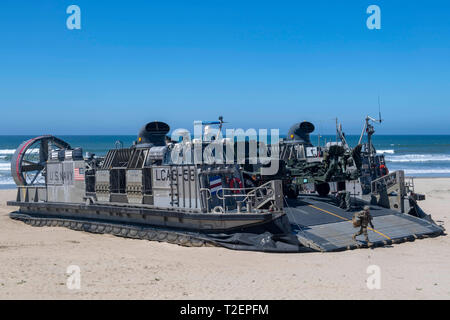 190330-N-NB 544-1222 PAZIFISCHER OZEAN (30. März 2019) ein Marine, zugeordnet zu den 11 Marine Expeditionary Unit (MEU), disembarks Landing Craft air cushion 58, zum Angriff Craft Unit (ACU) 5 zugeordnet. John Murtha ist unterwegs die Durchführung von Routineaufgaben als Teil der USS Boxer Amphibious Ready Group (ARG) im östlichen Pazifik. (U.S. Marine Foto von Mass Communication Specialist 2. Klasse Kyle Carlstrom) Stockfoto