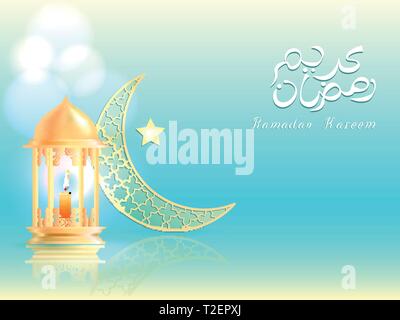 Ramadan Kareem Begrüßung im verschwommenen Hintergrund mit schönen beleuchteten Arabisch Lampe und Hand gezeichnet Kalligraphie Schrift. Vector Illustration. Stock Vektor