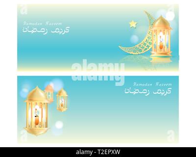 Ramadan Kareem Begrüßung im verschwommenen Hintergrund mit schönen beleuchteten arabisch Lampe und Hand gezeichnet Kalligraphie Schrift. Vector Illustration. Stock Vektor